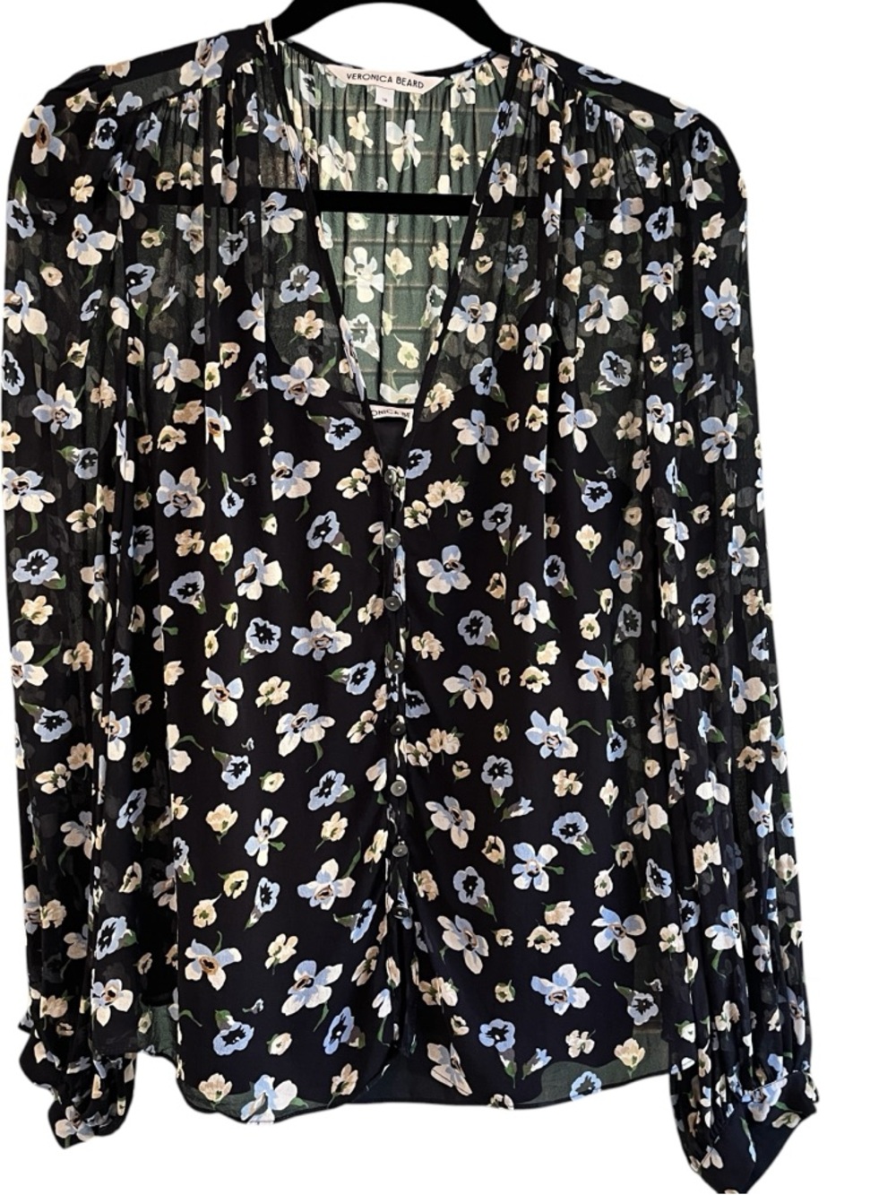 Veronica Beard Alec Silk Blouse 10 Black Floral Sheer V Neck Top - Picture 6 of 13